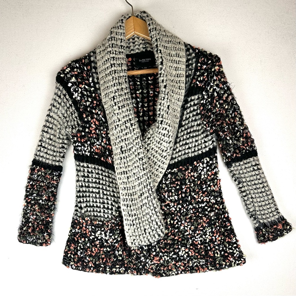 La Fee Verte Anthropologie Oona Confetti Eyelash  Open Front Cardigan Office - Picture 2 of 9